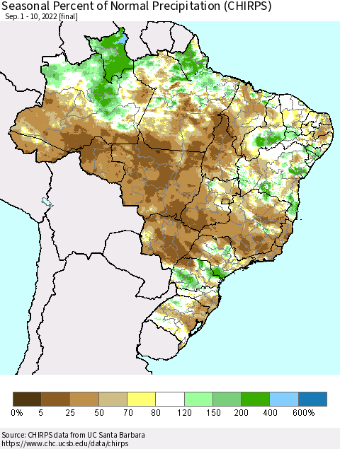 Brazil Seasonal Percent of Normal Precipitation (CHIRPS) Thematic Map For 9/1/2022 - 9/10/2022