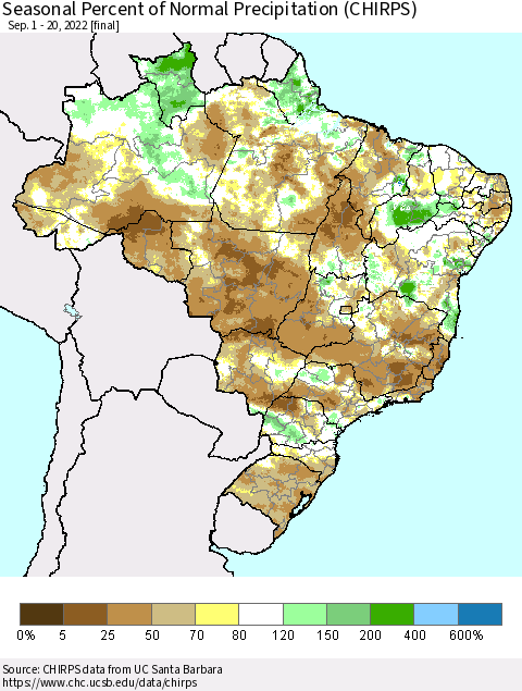 Brazil Seasonal Percent of Normal Precipitation (CHIRPS) Thematic Map For 9/1/2022 - 9/20/2022