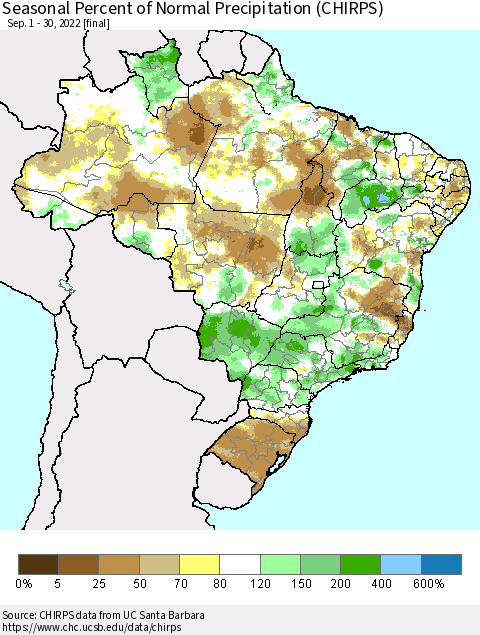 Brazil Seasonal Percent of Normal Precipitation (CHIRPS) Thematic Map For 9/1/2022 - 9/30/2022