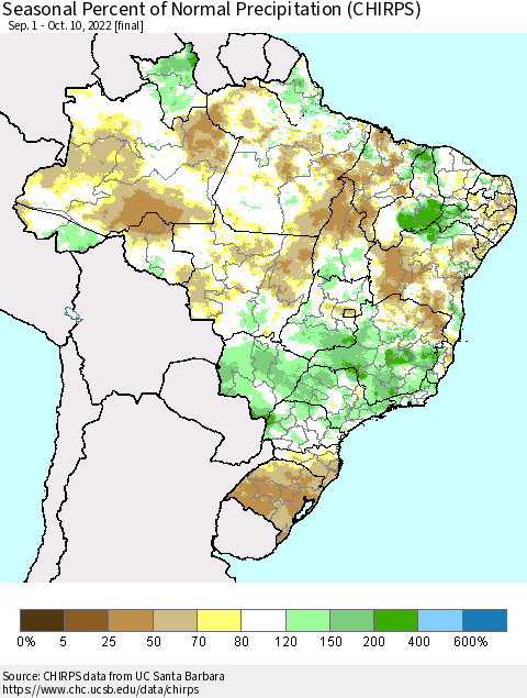 Brazil Seasonal Percent of Normal Precipitation (CHIRPS) Thematic Map For 9/1/2022 - 10/10/2022