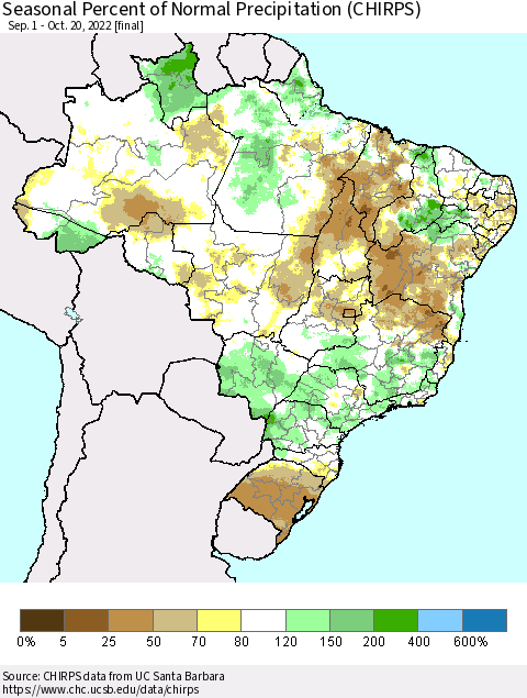 Brazil Seasonal Percent of Normal Precipitation (CHIRPS) Thematic Map For 9/1/2022 - 10/20/2022