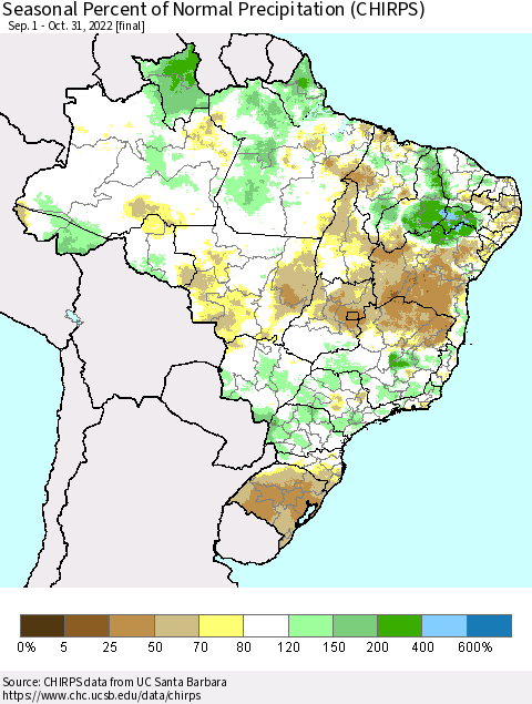 Brazil Seasonal Percent of Normal Precipitation (CHIRPS) Thematic Map For 9/1/2022 - 10/31/2022