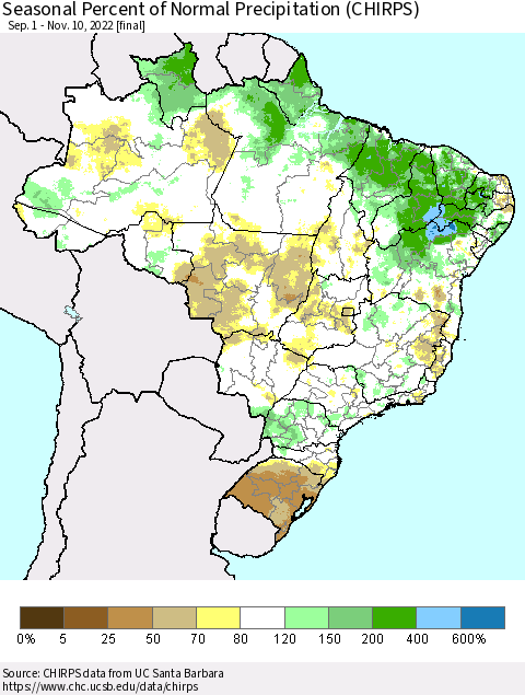 Brazil Seasonal Percent of Normal Precipitation (CHIRPS) Thematic Map For 9/1/2022 - 11/10/2022