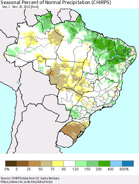 Brazil Seasonal Percent of Normal Precipitation (CHIRPS) Thematic Map For 9/1/2022 - 11/20/2022