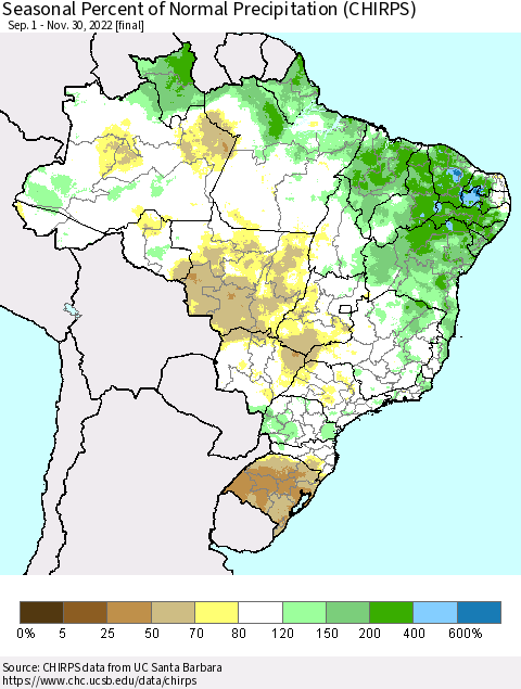 Brazil Seasonal Percent of Normal Precipitation (CHIRPS) Thematic Map For 9/1/2022 - 11/30/2022