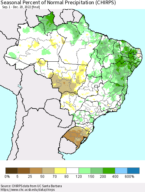 Brazil Seasonal Percent of Normal Precipitation (CHIRPS) Thematic Map For 9/1/2022 - 12/20/2022