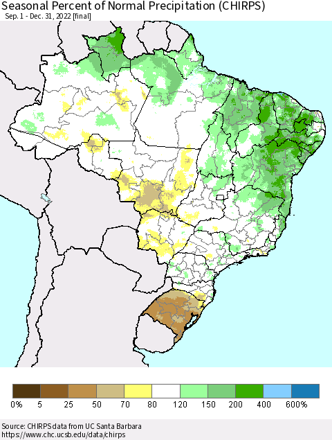 Brazil Seasonal Percent of Normal Precipitation (CHIRPS) Thematic Map For 9/1/2022 - 12/31/2022
