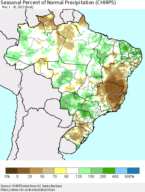 Brazil Seasonal Percent of Normal Precipitation (CHIRPS) Thematic Map For 3/1/2023 - 3/20/2023