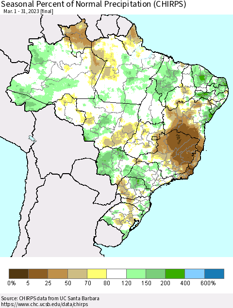 Brazil Seasonal Percent of Normal Precipitation (CHIRPS) Thematic Map For 3/1/2023 - 3/31/2023
