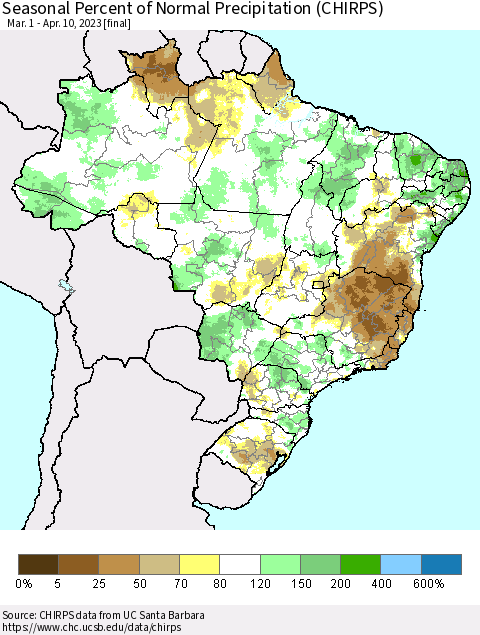 Brazil Seasonal Percent of Normal Precipitation (CHIRPS) Thematic Map For 3/1/2023 - 4/10/2023