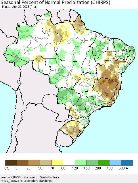 Brazil Seasonal Percent of Normal Precipitation (CHIRPS) Thematic Map For 3/1/2023 - 4/20/2023