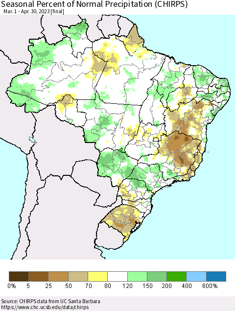 Brazil Seasonal Percent of Normal Precipitation (CHIRPS) Thematic Map For 3/1/2023 - 4/30/2023