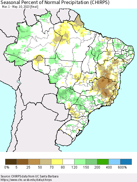 Brazil Seasonal Percent of Normal Precipitation (CHIRPS) Thematic Map For 3/1/2023 - 5/10/2023
