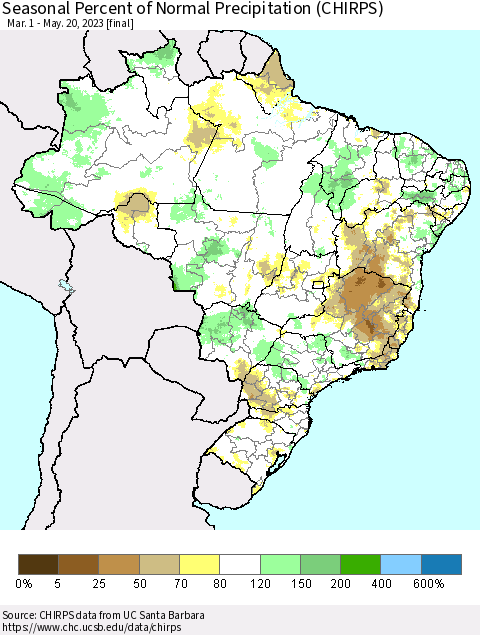 Brazil Seasonal Percent of Normal Precipitation (CHIRPS) Thematic Map For 3/1/2023 - 5/20/2023