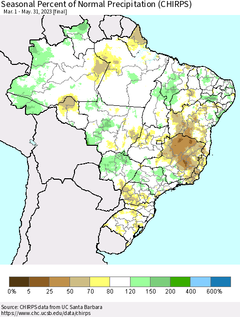 Brazil Seasonal Percent of Normal Precipitation (CHIRPS) Thematic Map For 3/1/2023 - 5/31/2023