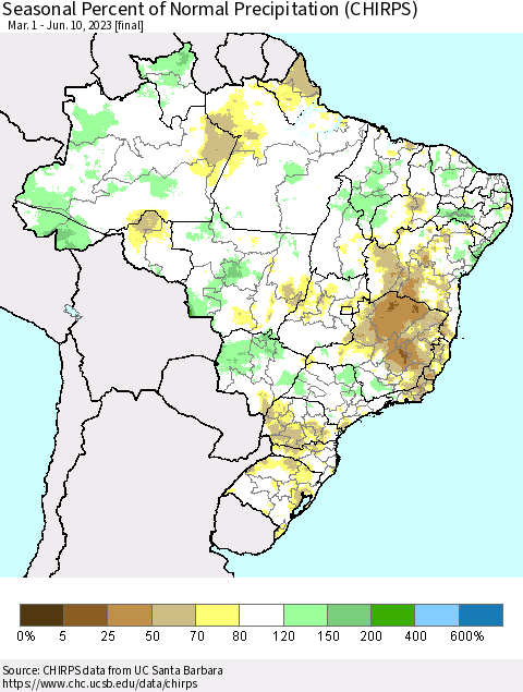 Brazil Seasonal Percent of Normal Precipitation (CHIRPS) Thematic Map For 3/1/2023 - 6/10/2023