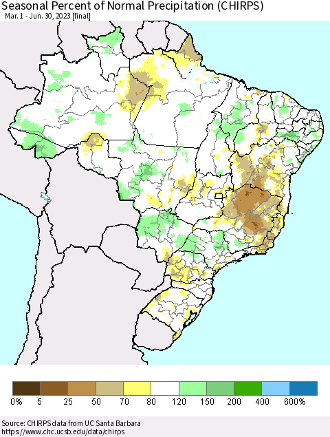 Brazil Seasonal Percent of Normal Precipitation (CHIRPS) Thematic Map For 3/1/2023 - 6/30/2023