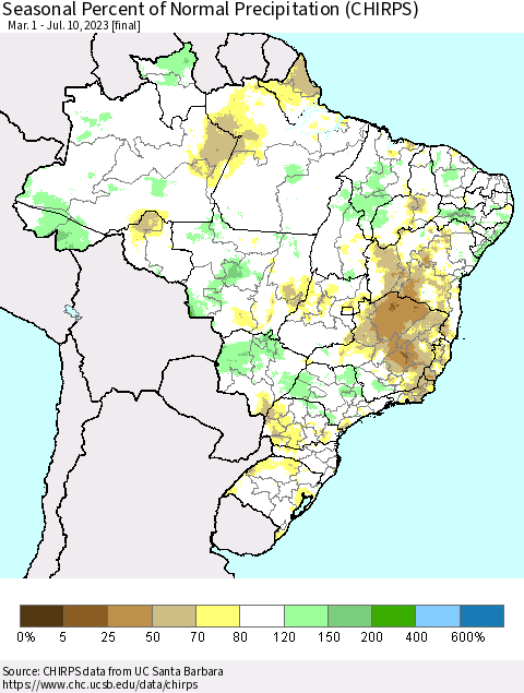 Brazil Seasonal Percent of Normal Precipitation (CHIRPS) Thematic Map For 3/1/2023 - 7/10/2023