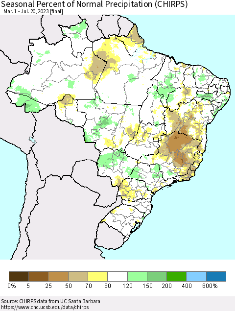 Brazil Seasonal Percent of Normal Precipitation (CHIRPS) Thematic Map For 3/1/2023 - 7/20/2023