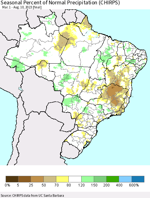 Brazil Seasonal Percent of Normal Precipitation (CHIRPS) Thematic Map For 3/1/2023 - 8/10/2023