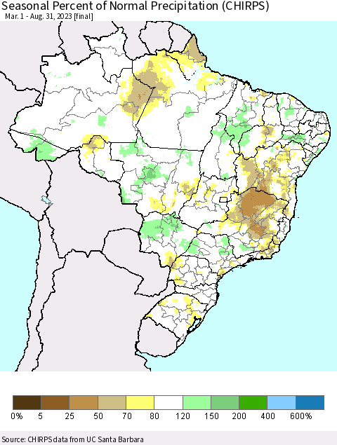 Brazil Seasonal Percent of Normal Precipitation (CHIRPS) Thematic Map For 3/1/2023 - 8/31/2023