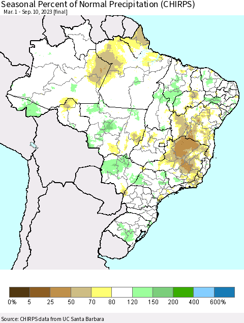 Brazil Seasonal Percent of Normal Precipitation (CHIRPS) Thematic Map For 3/1/2023 - 9/10/2023