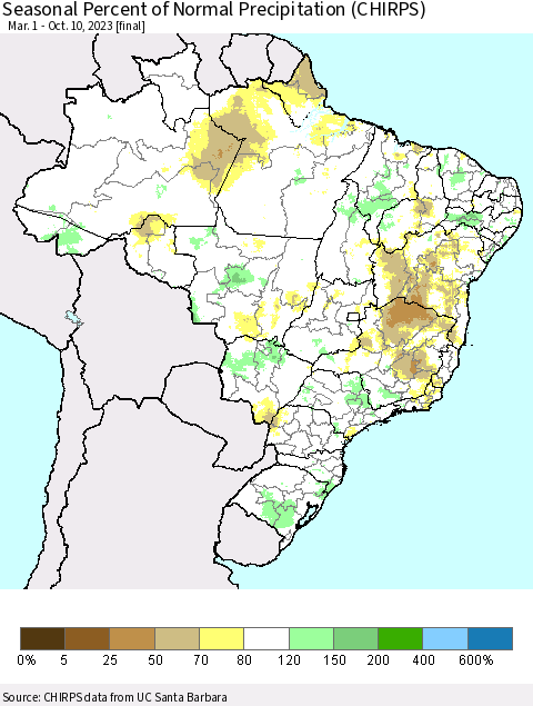 Brazil Seasonal Percent of Normal Precipitation (CHIRPS) Thematic Map For 3/1/2023 - 10/10/2023