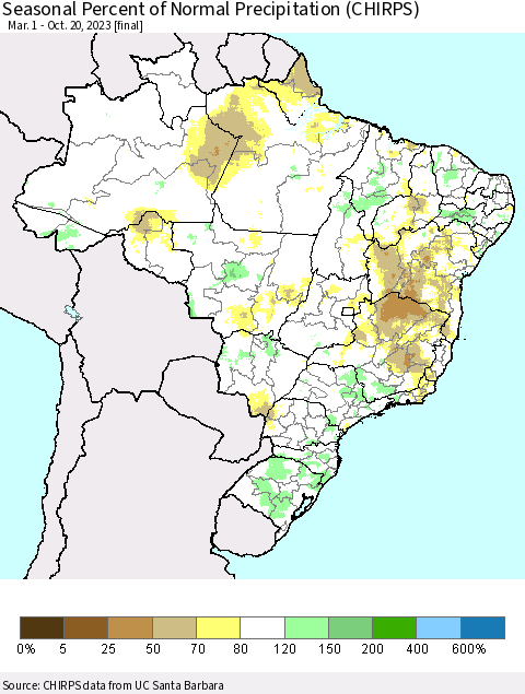 Brazil Seasonal Percent of Normal Precipitation (CHIRPS) Thematic Map For 3/1/2023 - 10/20/2023