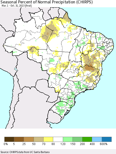 Brazil Seasonal Percent of Normal Precipitation (CHIRPS) Thematic Map For 3/1/2023 - 10/31/2023