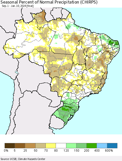 Brazil Seasonal Percent of Normal Precipitation (CHIRPS) Thematic Map For 9/1/2023 - 1/10/2024