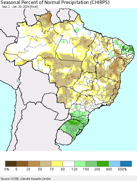 Brazil Seasonal Percent of Normal Precipitation (CHIRPS) Thematic Map For 9/1/2023 - 1/20/2024