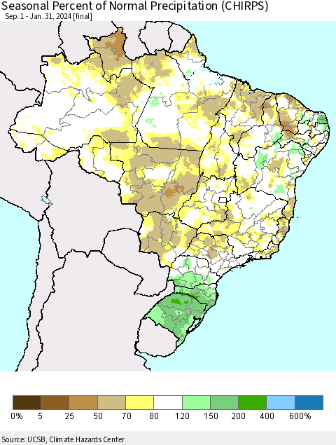 Brazil Seasonal Percent of Normal Precipitation (CHIRPS) Thematic Map For 9/1/2023 - 1/31/2024