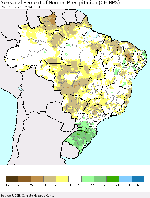 Brazil Seasonal Percent of Normal Precipitation (CHIRPS) Thematic Map For 9/1/2023 - 2/10/2024