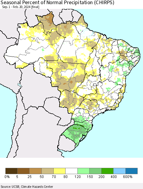 Brazil Seasonal Percent of Normal Precipitation (CHIRPS) Thematic Map For 9/1/2023 - 2/20/2024