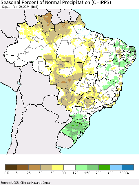 Brazil Seasonal Percent of Normal Precipitation (CHIRPS) Thematic Map For 9/1/2023 - 2/29/2024