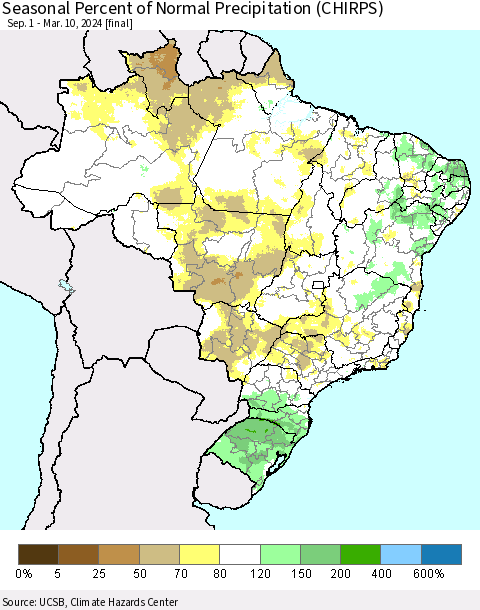 Brazil Seasonal Percent of Normal Precipitation (CHIRPS) Thematic Map For 9/1/2023 - 3/10/2024