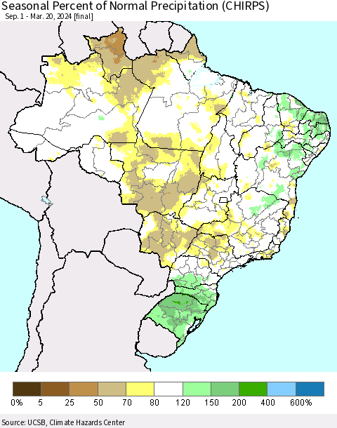 Brazil Seasonal Percent of Normal Precipitation (CHIRPS) Thematic Map For 9/1/2023 - 3/20/2024