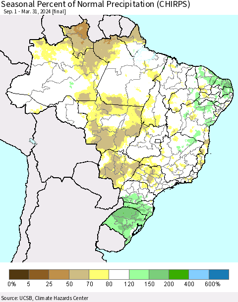 Brazil Seasonal Percent of Normal Precipitation (CHIRPS) Thematic Map For 9/1/2023 - 3/31/2024