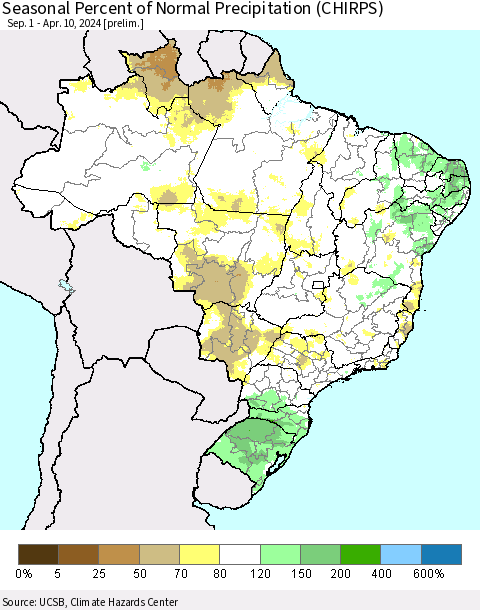 Brazil Seasonal Percent of Normal Precipitation (CHIRPS) Thematic Map For 9/1/2023 - 4/10/2024