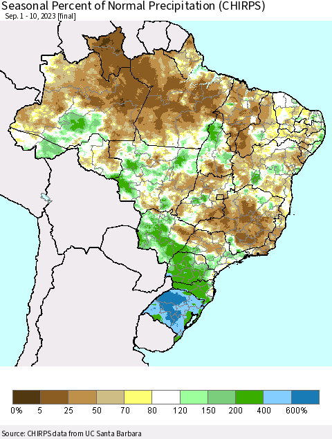 Brazil Seasonal Percent of Normal Precipitation (CHIRPS) Thematic Map For 9/1/2023 - 9/10/2023