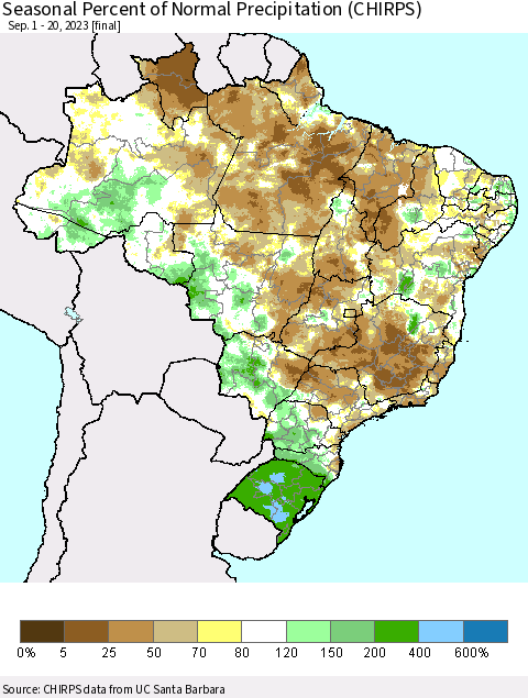 Brazil Seasonal Percent of Normal Precipitation (CHIRPS) Thematic Map For 9/1/2023 - 9/20/2023