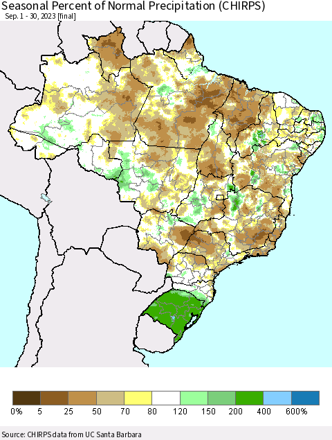 Brazil Seasonal Percent of Normal Precipitation (CHIRPS) Thematic Map For 9/1/2023 - 9/30/2023
