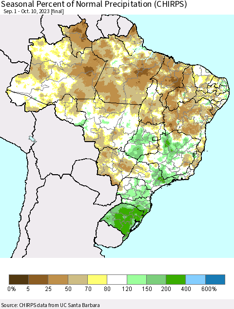 Brazil Seasonal Percent of Normal Precipitation (CHIRPS) Thematic Map For 9/1/2023 - 10/10/2023