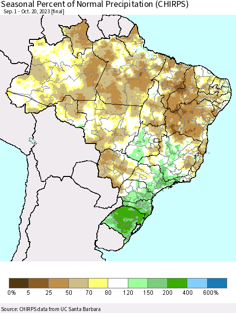Brazil Seasonal Percent of Normal Precipitation (CHIRPS) Thematic Map For 9/1/2023 - 10/20/2023