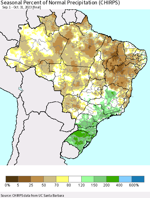 Brazil Seasonal Percent of Normal Precipitation (CHIRPS) Thematic Map For 9/1/2023 - 10/31/2023