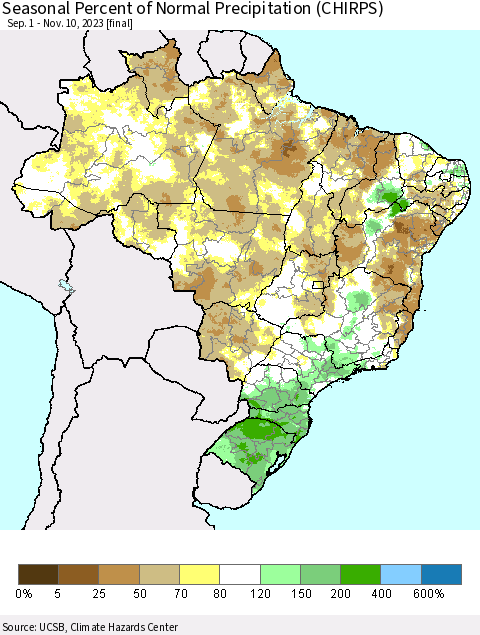 Brazil Seasonal Percent of Normal Precipitation (CHIRPS) Thematic Map For 9/1/2023 - 11/10/2023