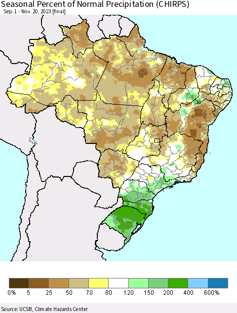 Brazil Seasonal Percent of Normal Precipitation (CHIRPS) Thematic Map For 9/1/2023 - 11/20/2023
