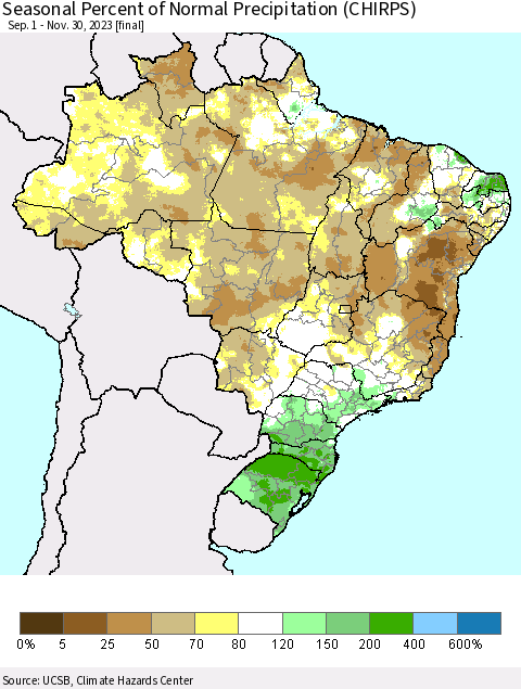 Brazil Seasonal Percent of Normal Precipitation (CHIRPS) Thematic Map For 9/1/2023 - 11/30/2023