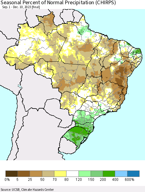 Brazil Seasonal Percent of Normal Precipitation (CHIRPS) Thematic Map For 9/1/2023 - 12/10/2023