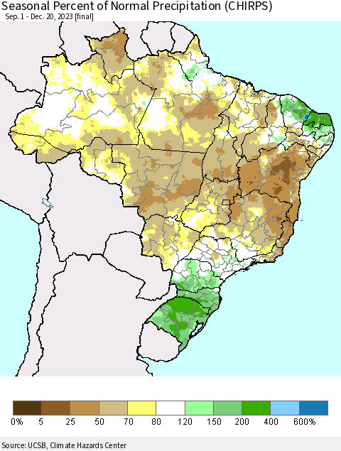 Brazil Seasonal Percent of Normal Precipitation (CHIRPS) Thematic Map For 9/1/2023 - 12/20/2023
